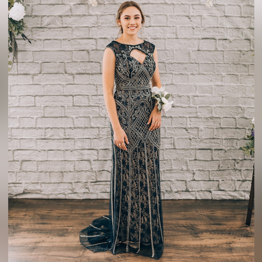 Lace gown with nude lining and rhinestone beading- Dave and Johnny size 6
